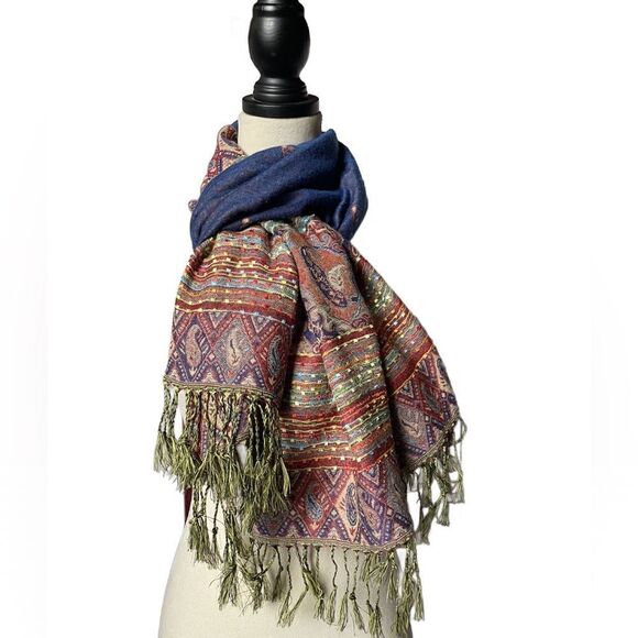 Pashmina Shawl/Scarf Multicolor w/Embroidered Designs & Tassels - Picture 12 of 15